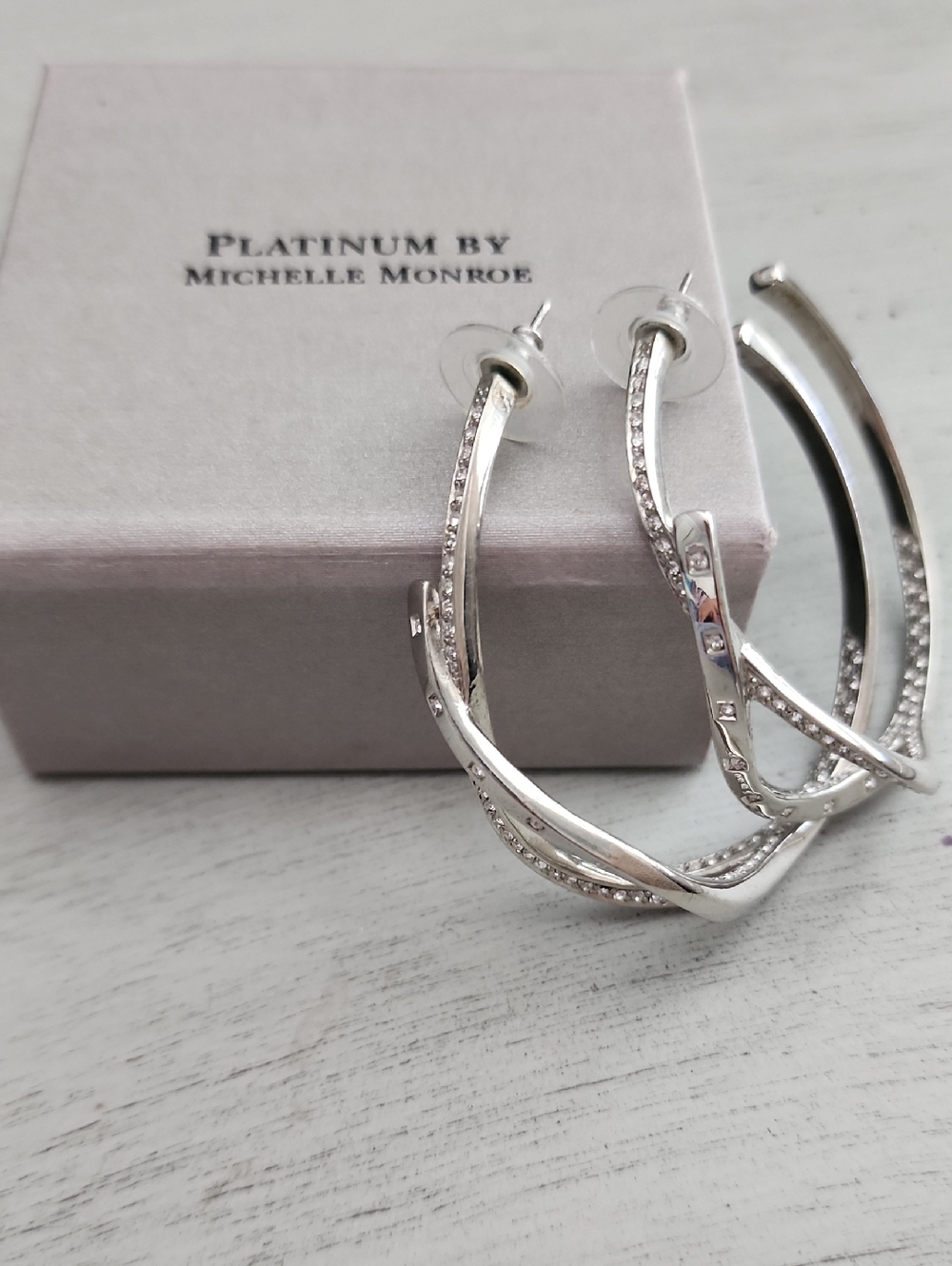 Designer Silver Twisted Hoop Earrings with Pave Crystals